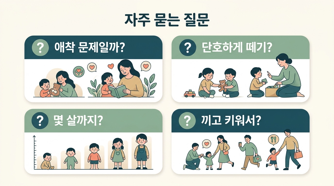 분리불안의 원인 강제 분리 지속 시기 등 자주 묻는 질문 네 가지를 정리한 카드형 인포그래픽