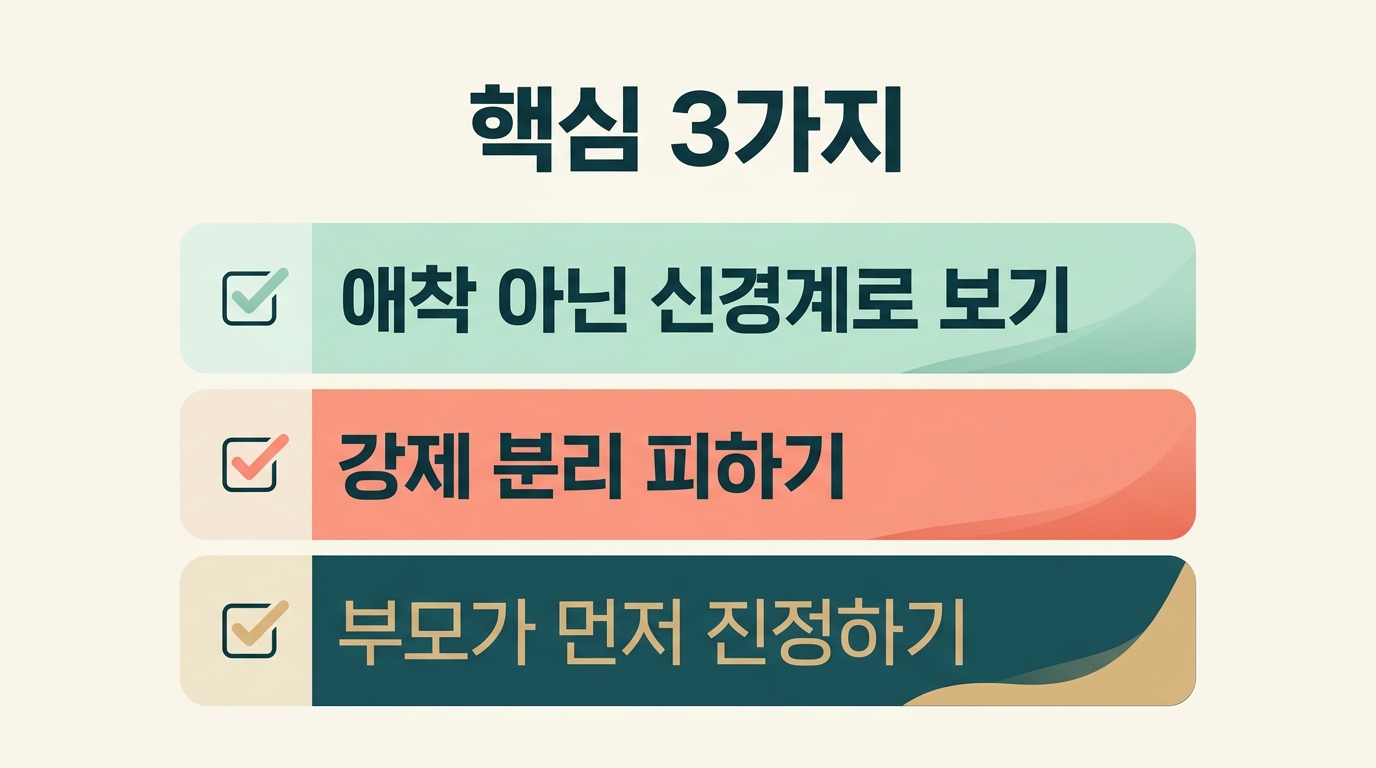 애착이 아닌 신경계로 보기 강제 분리 피하기 부모가 먼저 진정하기 세 가지 핵심 메시지를 정리한 요약 카드 인포그래픽