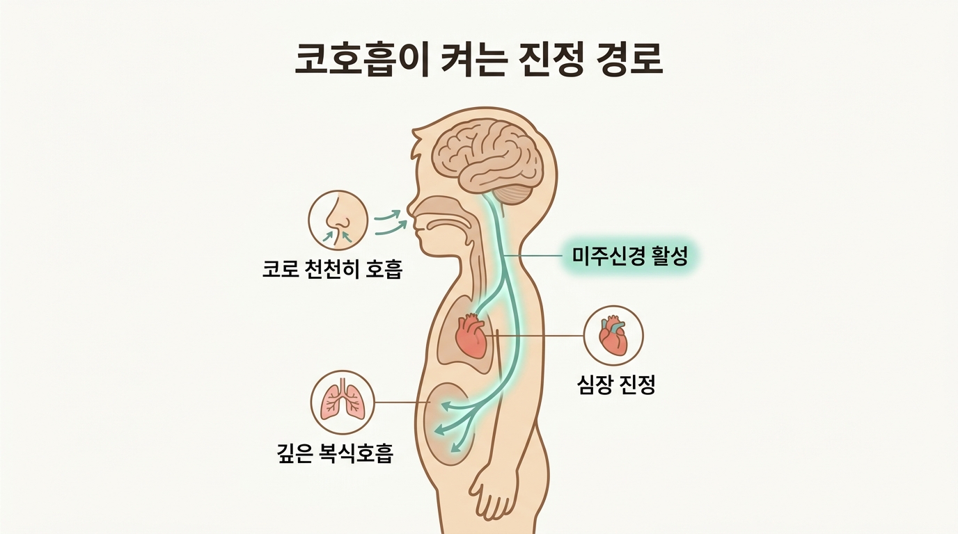 코로 천천히 숨쉴 때 미주신경이 켜져 심장과 호흡이 진정되는 부교감 활성 경로를 그린 교육용 인포그래픽