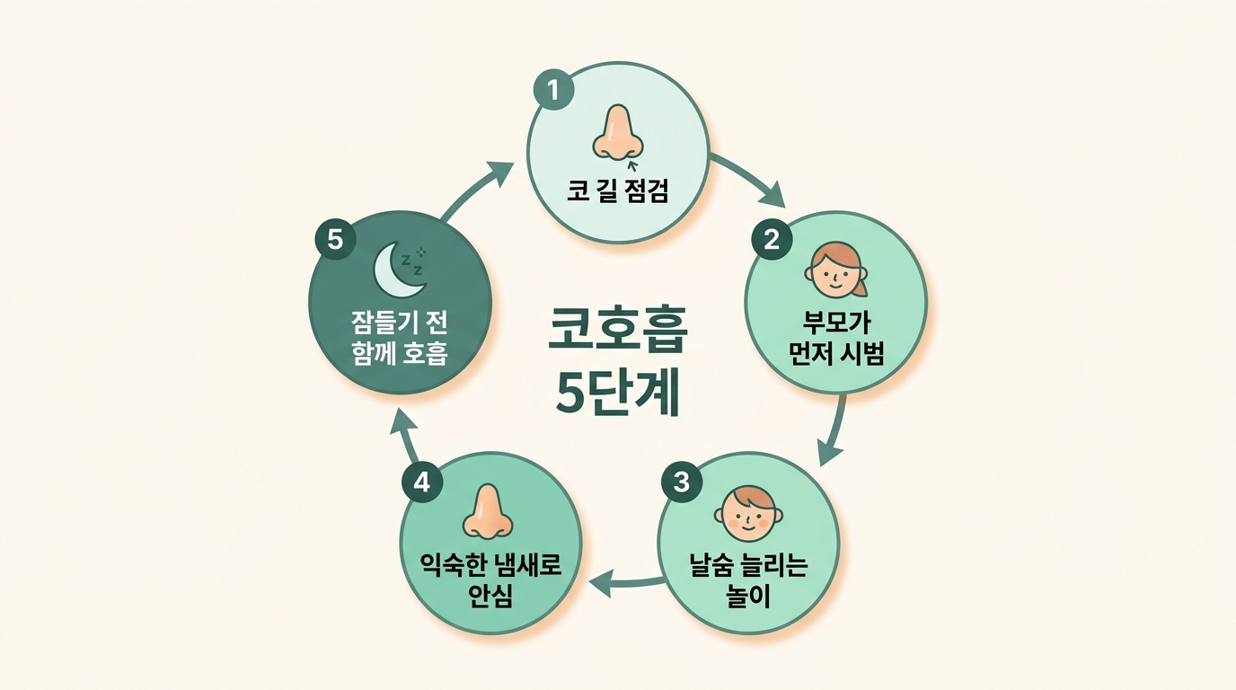 코 점검 부모 시범 날숨 놀이 익숙한 냄새 함께 호흡으로 이어지는 집에서 코호흡 깨우는 5단계 플로우 차트