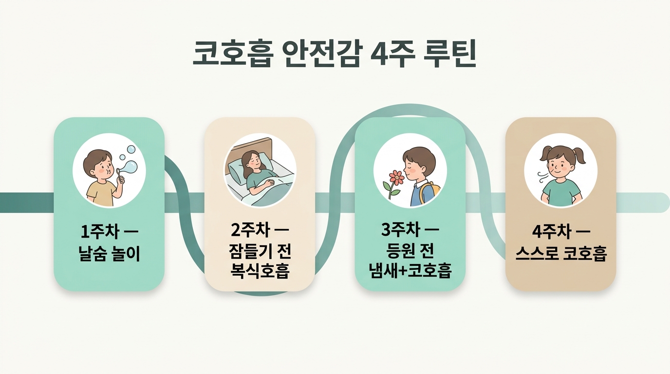 1주차부터 4주차까지 등원 전과 잠들기 전 코호흡 루틴을 정리한 주차별 타임라인 인포그래픽