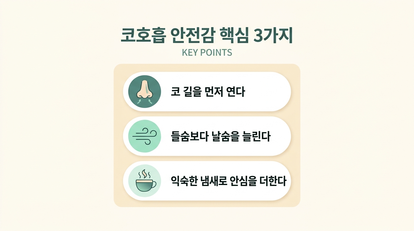 코 길 열기 날숨 늘리기 익숙한 냄새 더하기 세 가지 핵심 메시지를 정리한 코호흡 안전감 요약 카드 인포그래픽