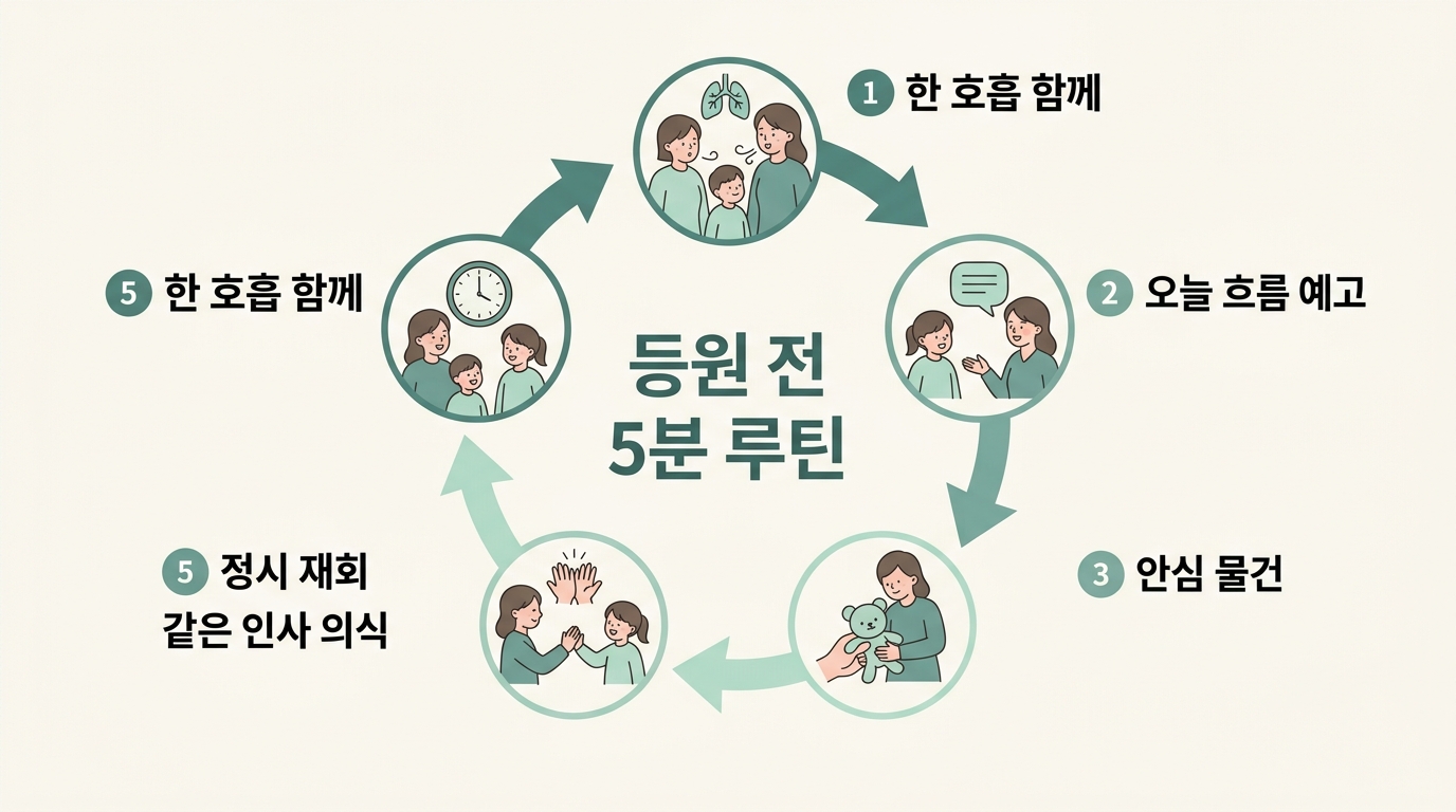 한 호흡 예고 안심 물건 인사 의식 정시 재회로 이어지는 등원 전 5분 안전 루틴 5단계 플로우 차트