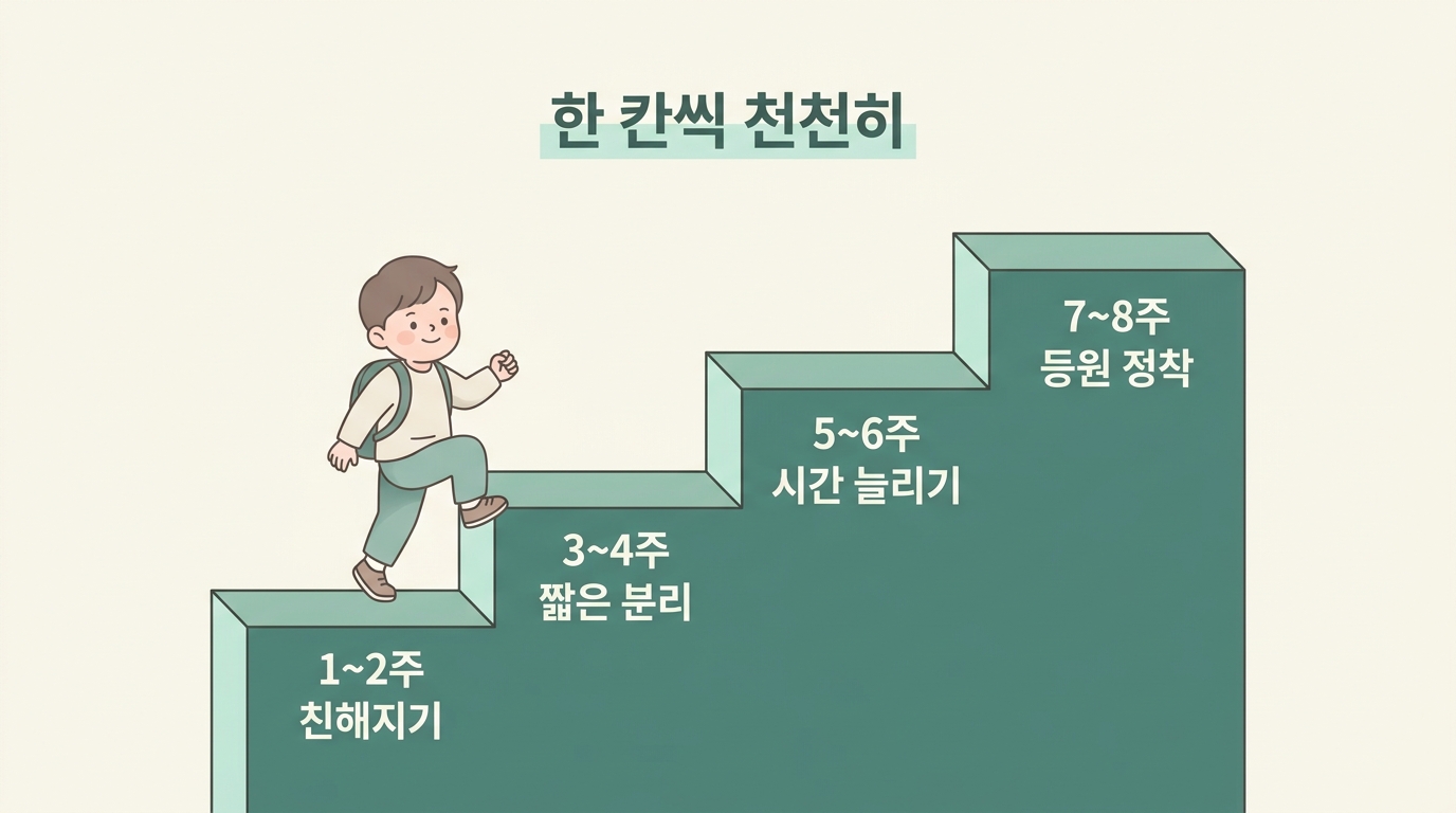 분리 시간을 2주 단위로 조금씩 늘려가는 8주 등원 적응 과정을 계단형으로 표현한 단계별 다이어그램