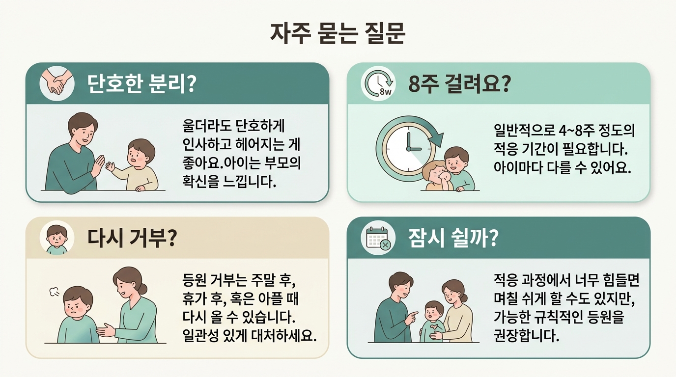등원 거부 적응에 대해 자주 묻는 질문 다섯 가지의 핵심 답변을 카드로 정리한 인포그래픽