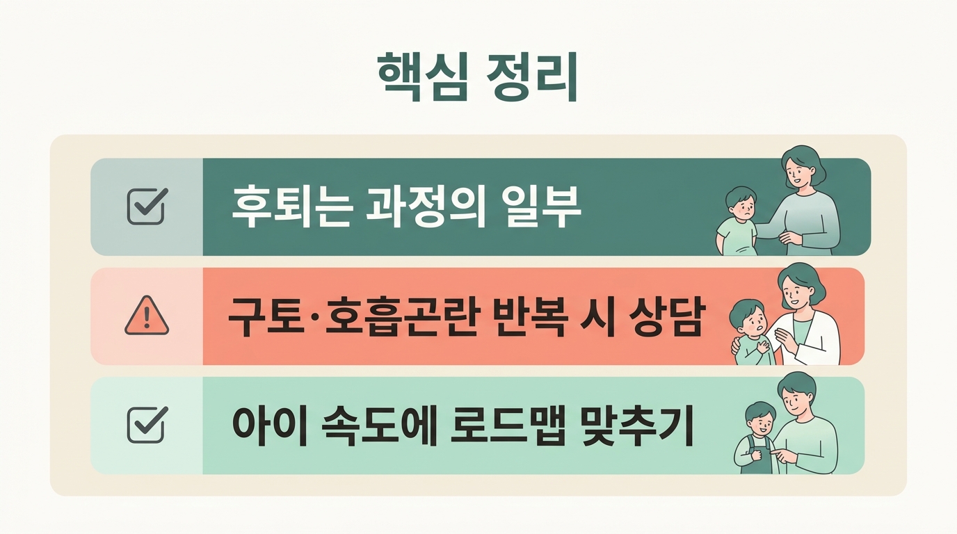 등원 적응에서 주의할 후퇴 신호와 전문가 상담을 고려할 시점을 정리한 요약 카드 인포그래픽