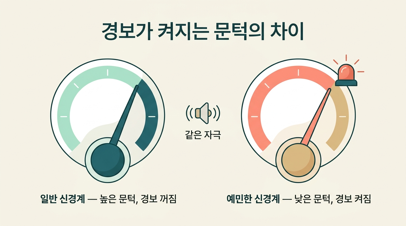 같은 자극이 일반적인 신경계와 예민한 신경계에서 경보가 켜지는 문턱이 다르게 작동하는 과정을 비교한 다이어그램
