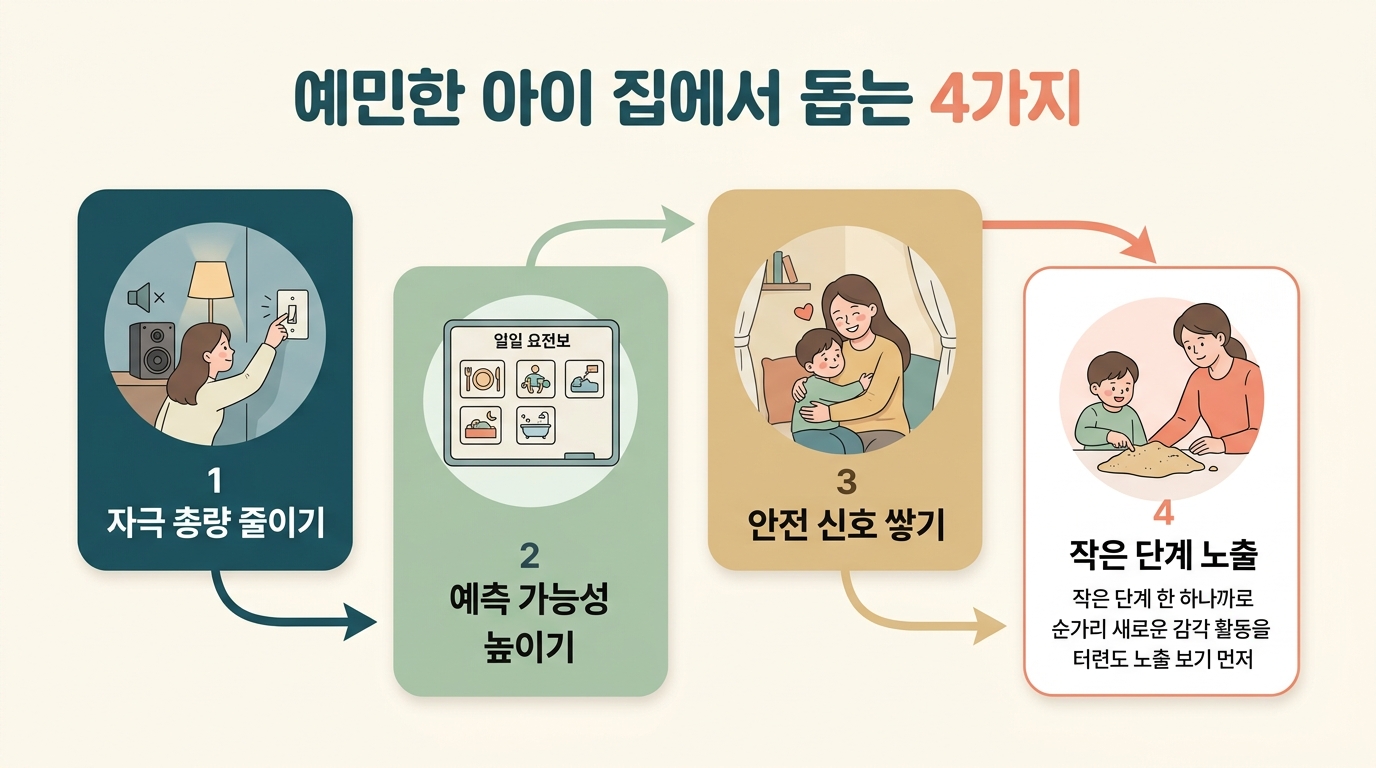 자극 줄이기 예측 가능성 높이기 안전 신호 쌓기 작은 단계 노출 네 가지 접근을 한글 라벨로 정리한 플로우 인포그래픽