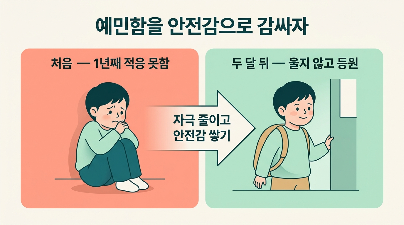 자극 줄이기와 안전감 쌓기 전 1년째 적응 못하던 모습과 두 달 뒤 울지 않고 등원한 변화를 비교한 전후 인포그래픽
