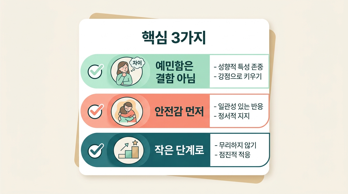 예민함은 결함이 아니다 안전감 먼저 작은 단계로 세 가지 핵심 메시지를 정리한 요약 카드 인포그래픽