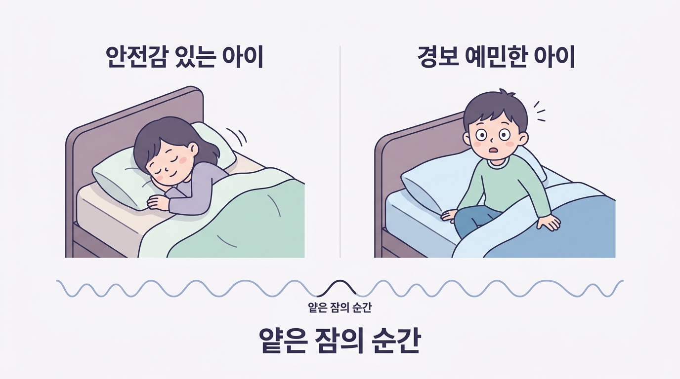 얕은 잠의 순간 안전감 있는 아이와 경보 예민한 아이의 밤중 각성이 갈라지는 과정 다이어그램