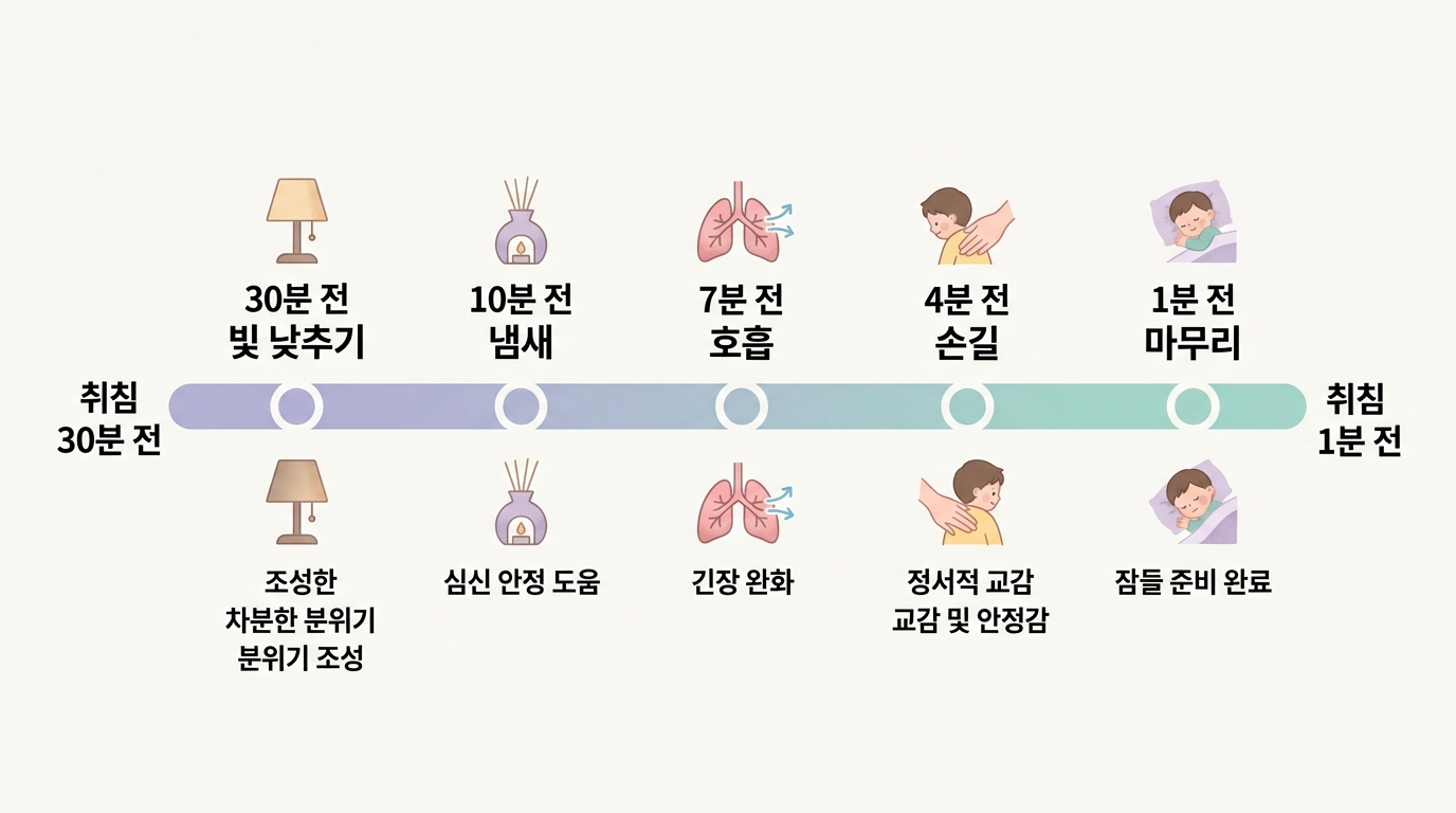 취침 30분 전부터 1분 전까지 시점별 행동과 신경계 효과를 정리한 잠들기 전 10분 루틴 인포그래픽
