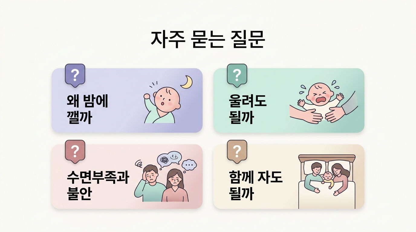 밤중 각성의 원인 울리기 수면 부족 함께 자기 등 자주 묻는 질문 다섯 가지를 정리한 카드형 인포그래픽