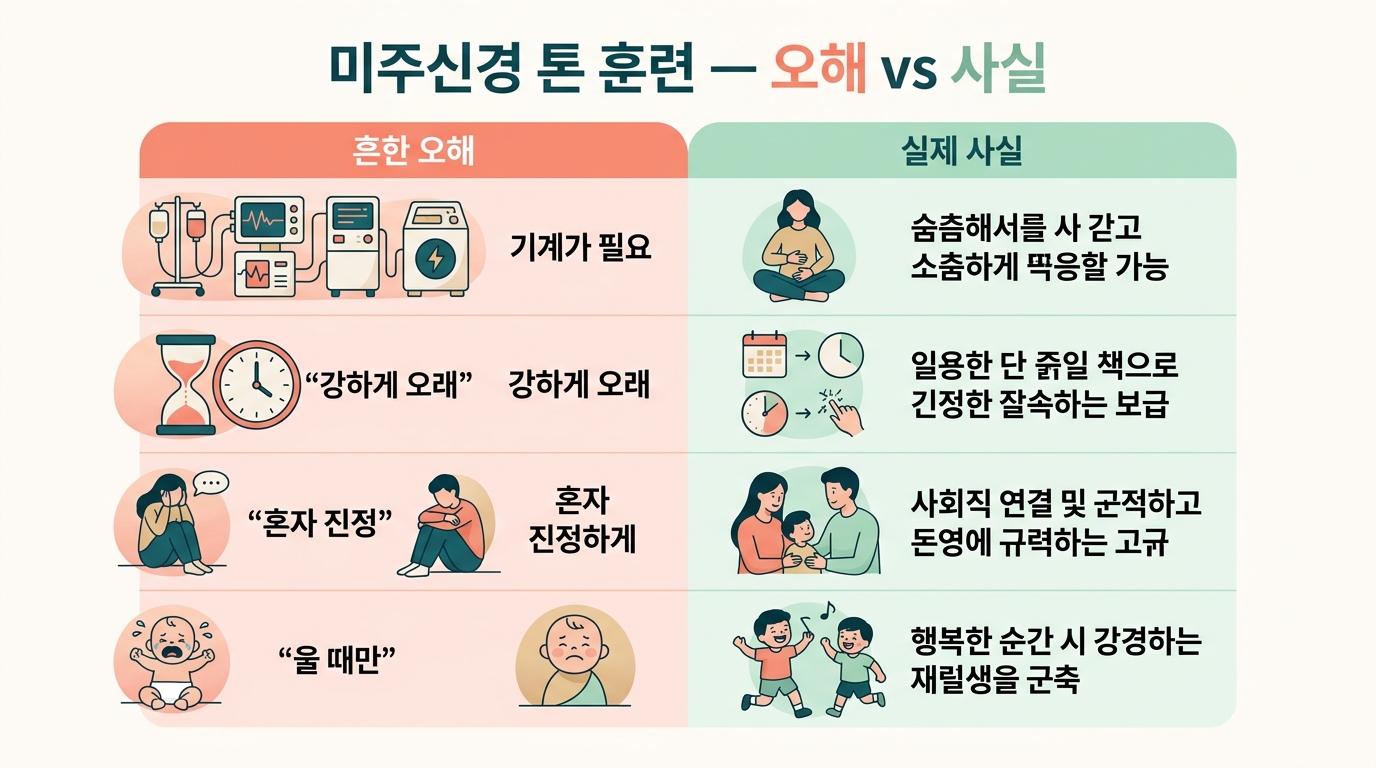 미주신경 톤 훈련에 대한 흔한 오해 네 가지와 실제 사실을 좌우로 나눠 비교한 인포그래픽