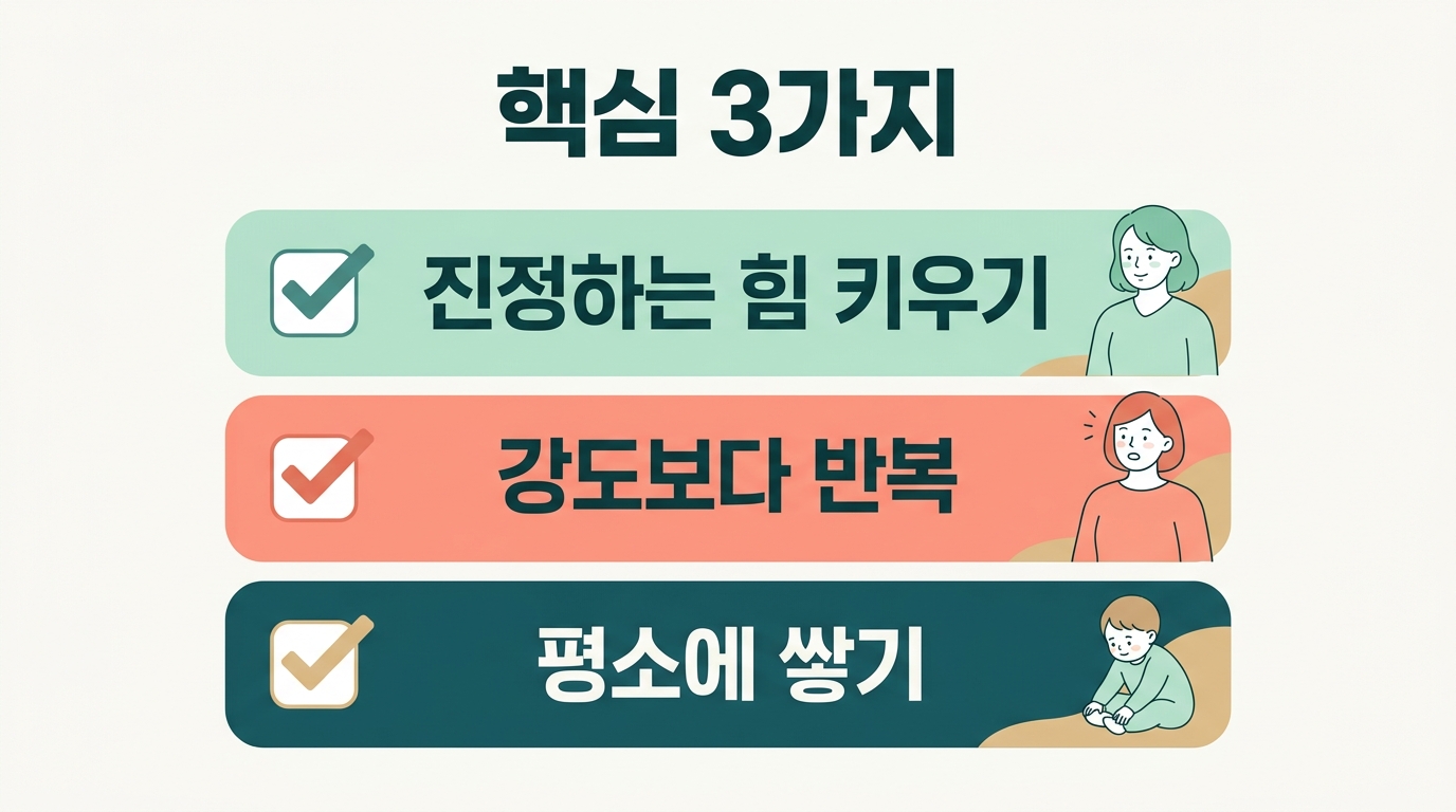진정하는 힘 키우기 강도보다 반복 평소에 쌓기 세 가지 핵심 메시지를 정리한 요약 카드 인포그래픽