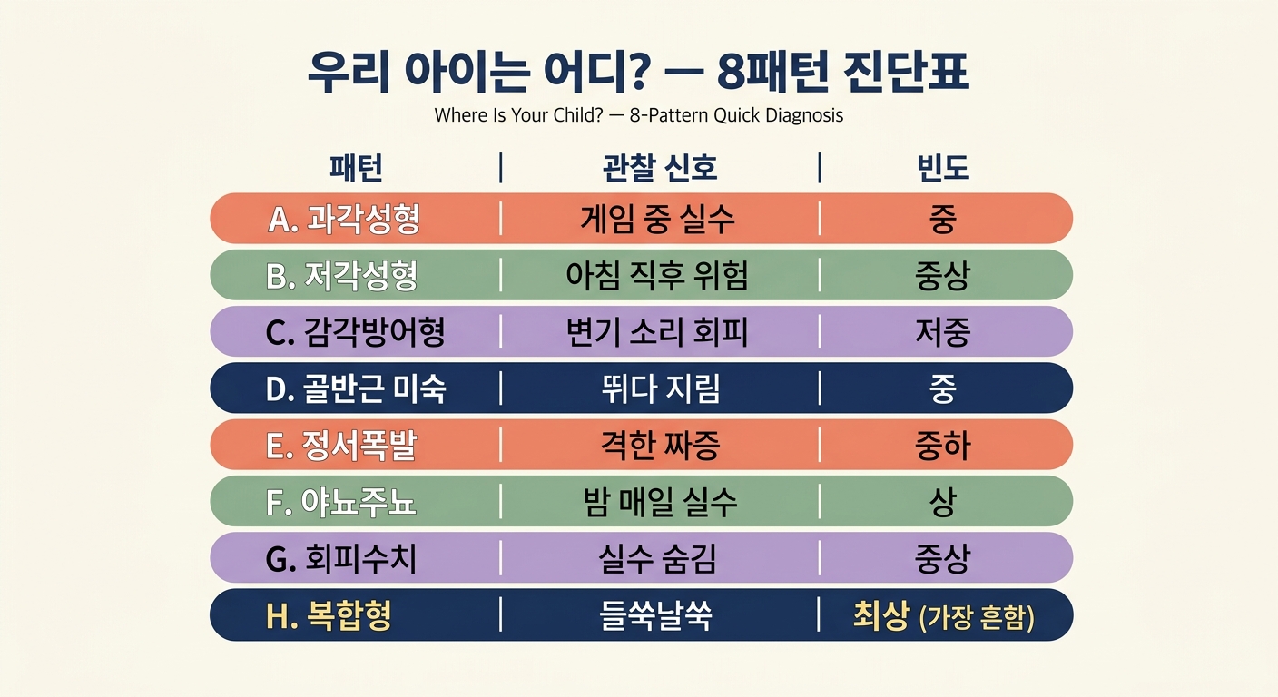 우리 아이는 어디 8패턴 빈도와 핵심 신호 진단표 시각화 인포그래픽
