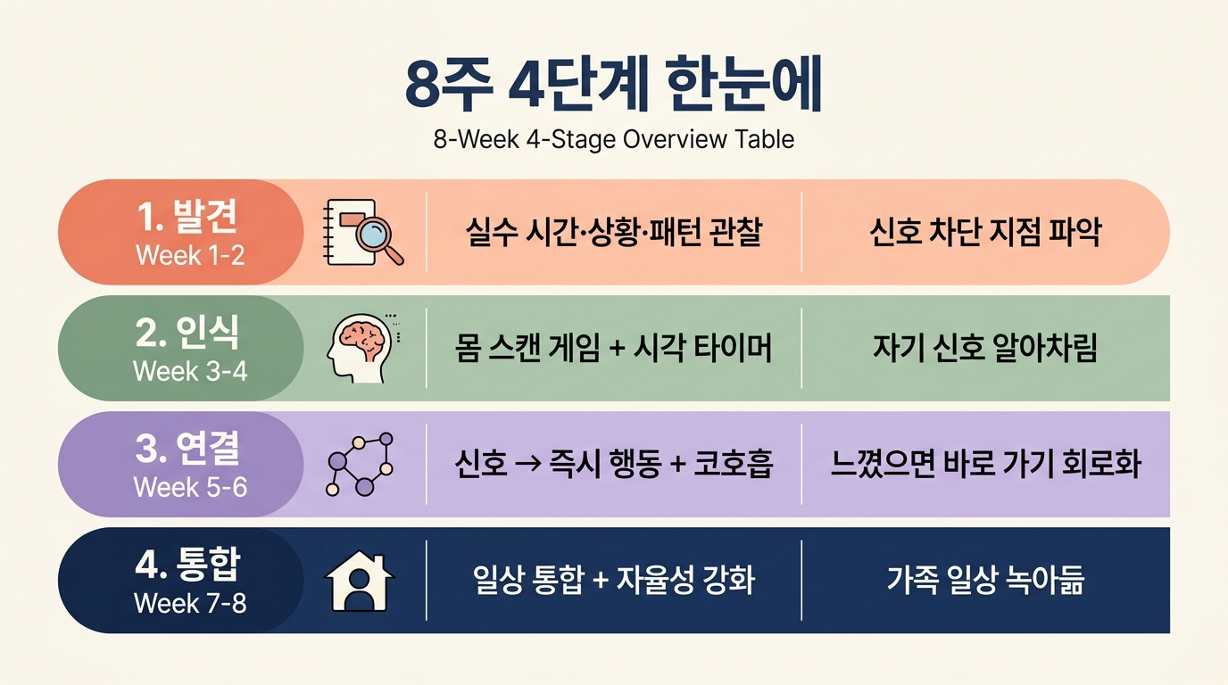 8주 프로토콜 4단계 발견 인식 연결 통합 핵심 활동 한 컷 정리 인포그래픽
