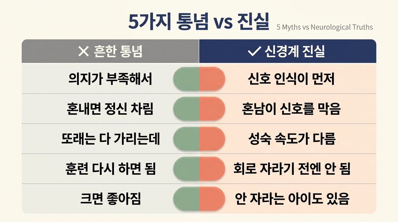 마려운 줄 모르는 아이 흔한 통념 5가지와 신경계 진실 비교 인포그래픽