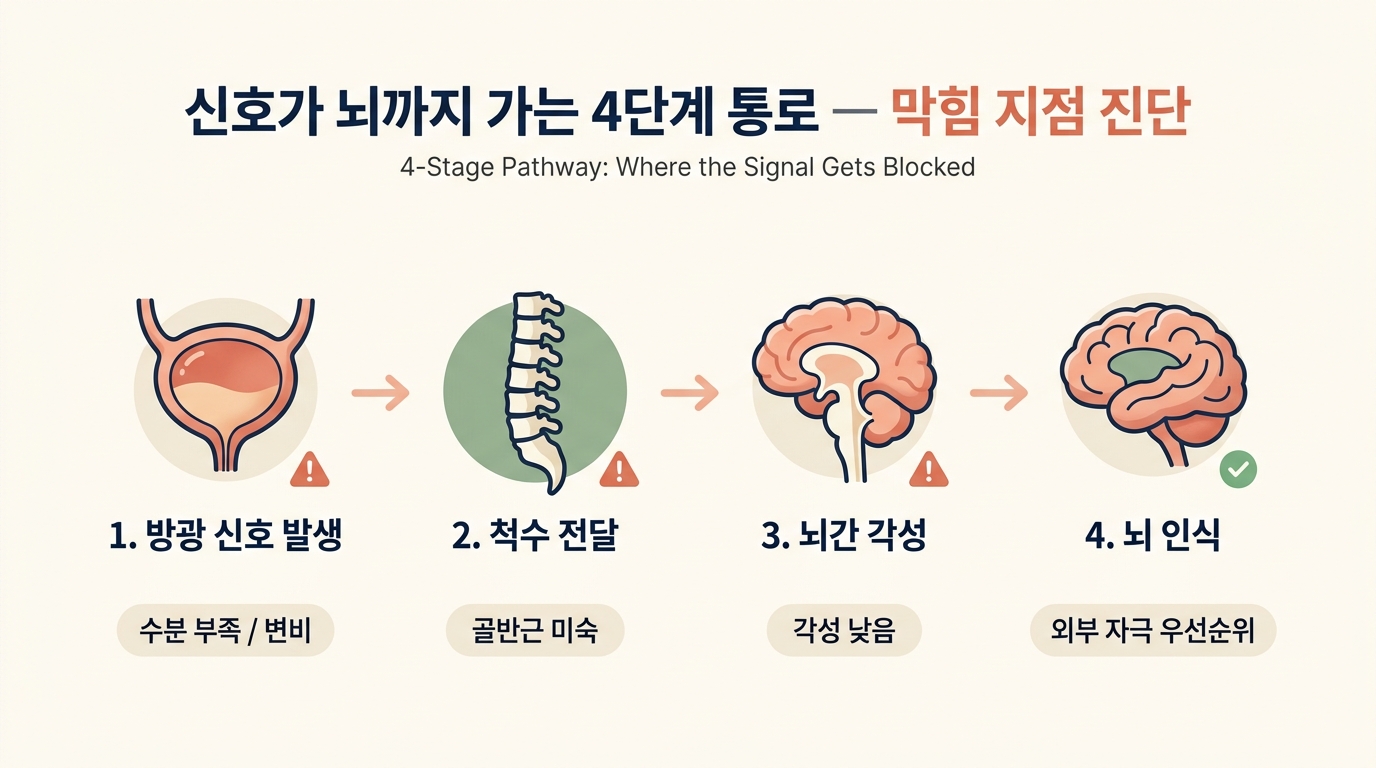 내수용감각 4단계 통로 방광 척수 뇌간 섬엽 단계별 막힘 지점 단계 플로우 다이어그램