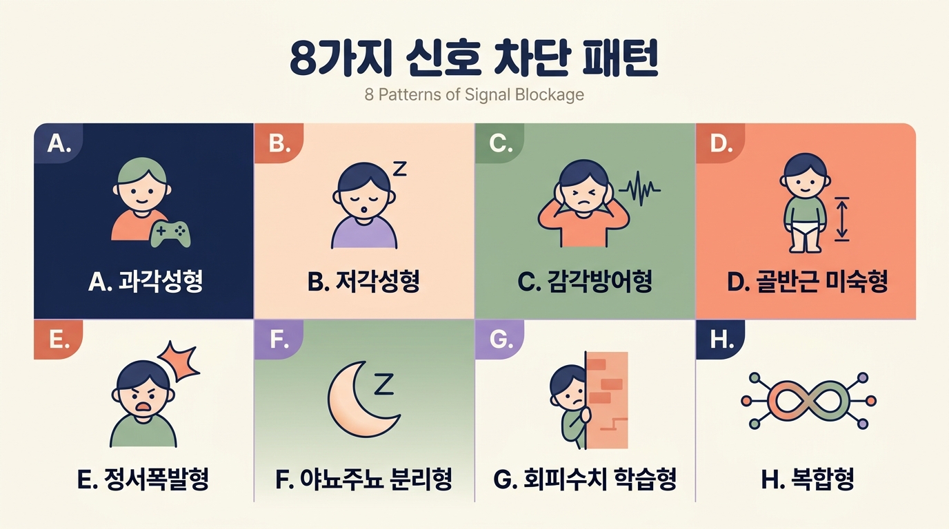 8가지 신호 차단 패턴 과각성 저각성 감각방어 골반근미숙 정서폭발 야뇨주뇨 회피수치 복합형 비교 인포그래픽
