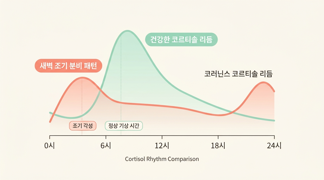 정상 코르티솔 곡선과 새벽 조기 분비 곡선 비교 다이어그램