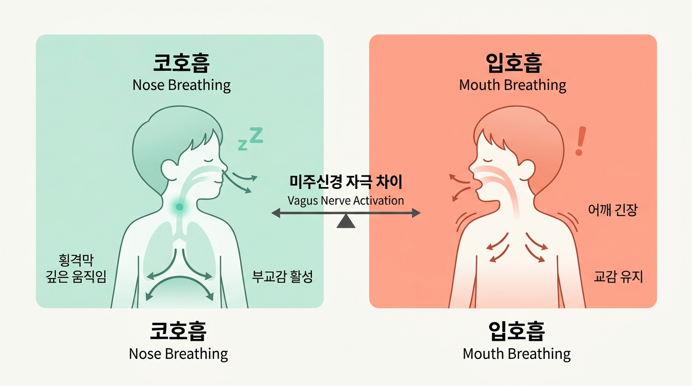 코호흡과 입호흡의 미주신경 자극 차이 비교 일러스트