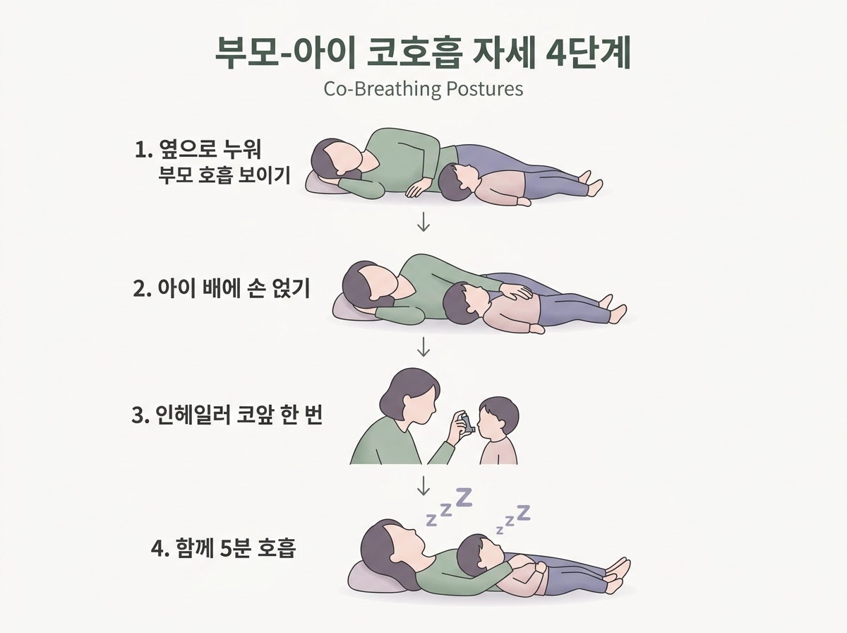 부모와 아이가 함께 하는 4-7-8 코호흡 단계별 자세 다이어그램
