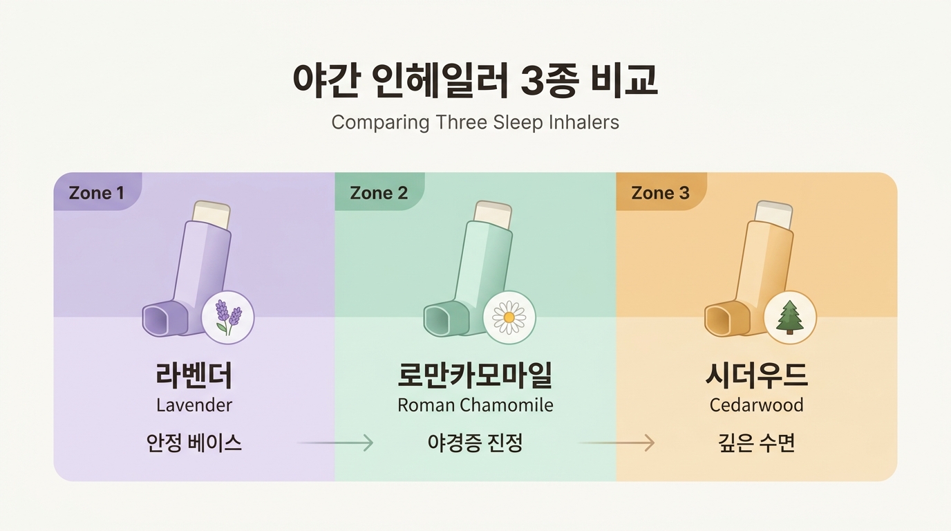 라벤더 로만카모마일 시더우드 인헤일러 3종 효과 비교 일러스트