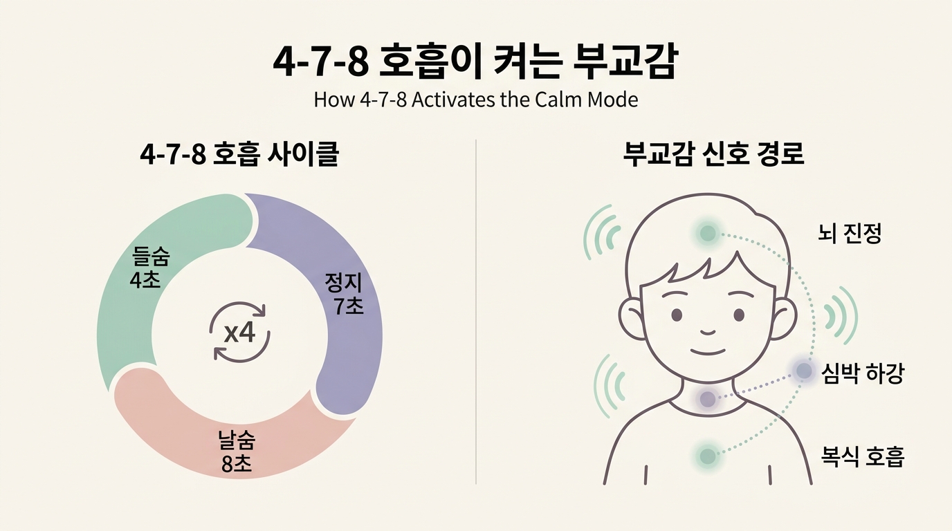 4-7-8 호흡이 미주신경을 자극해 부교감을 켜는 메커니즘 다이어그램