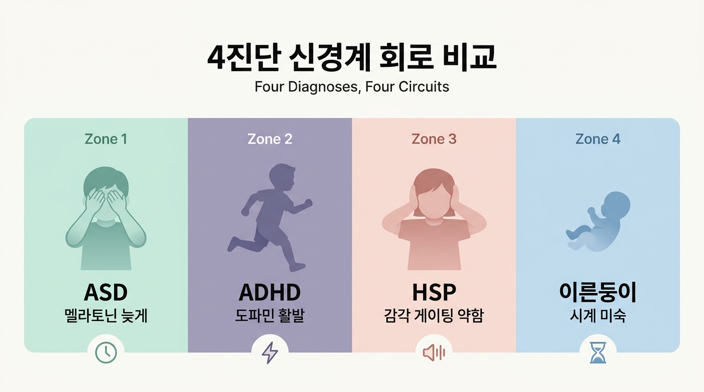 ASD ADHD HSP 이른둥이 4진단 신경계 회로 4존 비교 일러스트