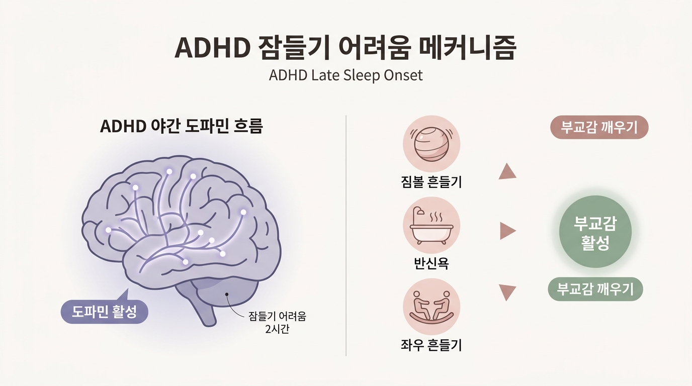 ADHD 아동 야간 도파민 흐름과 리듬 운동 효과 다이어그램