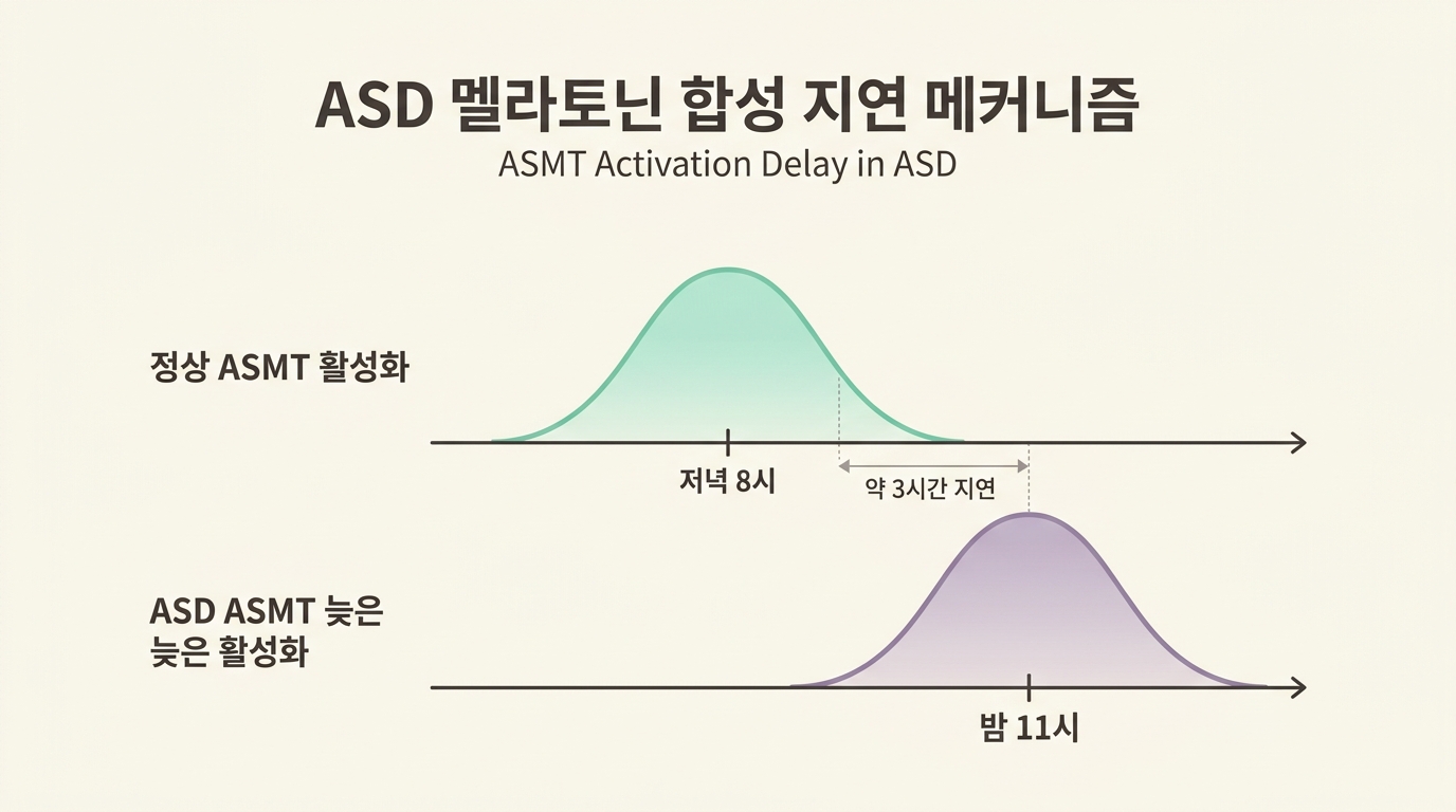 ASD 아동의 멜라토닌 늦은 활성화 메커니즘 다이어그램