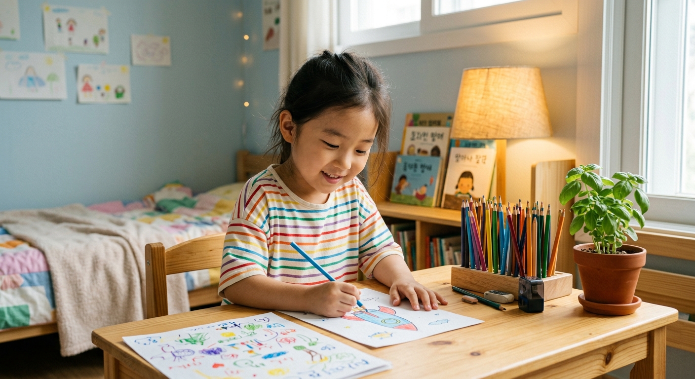 밝은 표정으로 그림 그리는 한국인 아이