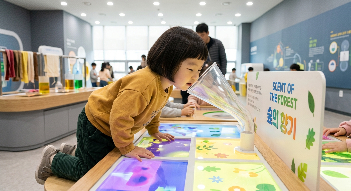 감각 체험관에서 냄새를 맡는 한국인 아이