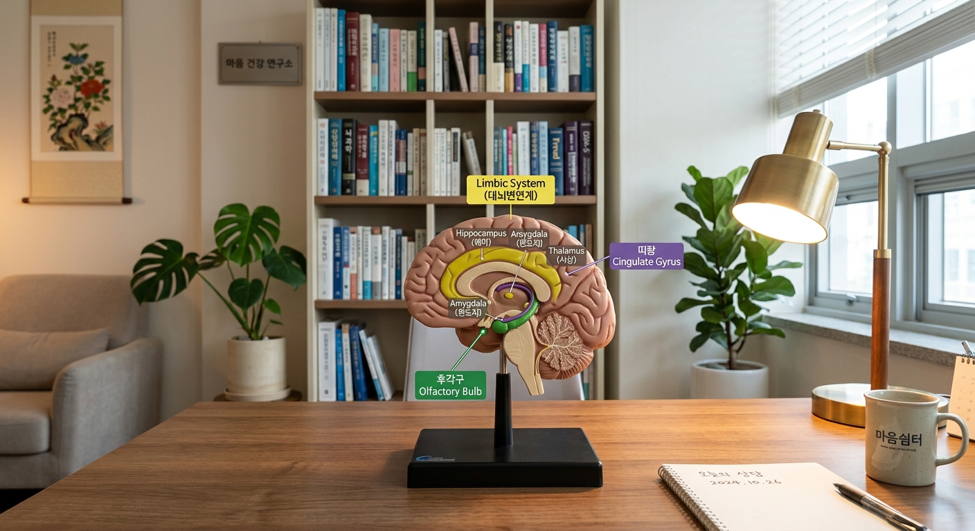 후각 구조와 변연계 연결을 보여주는 뇌 모형