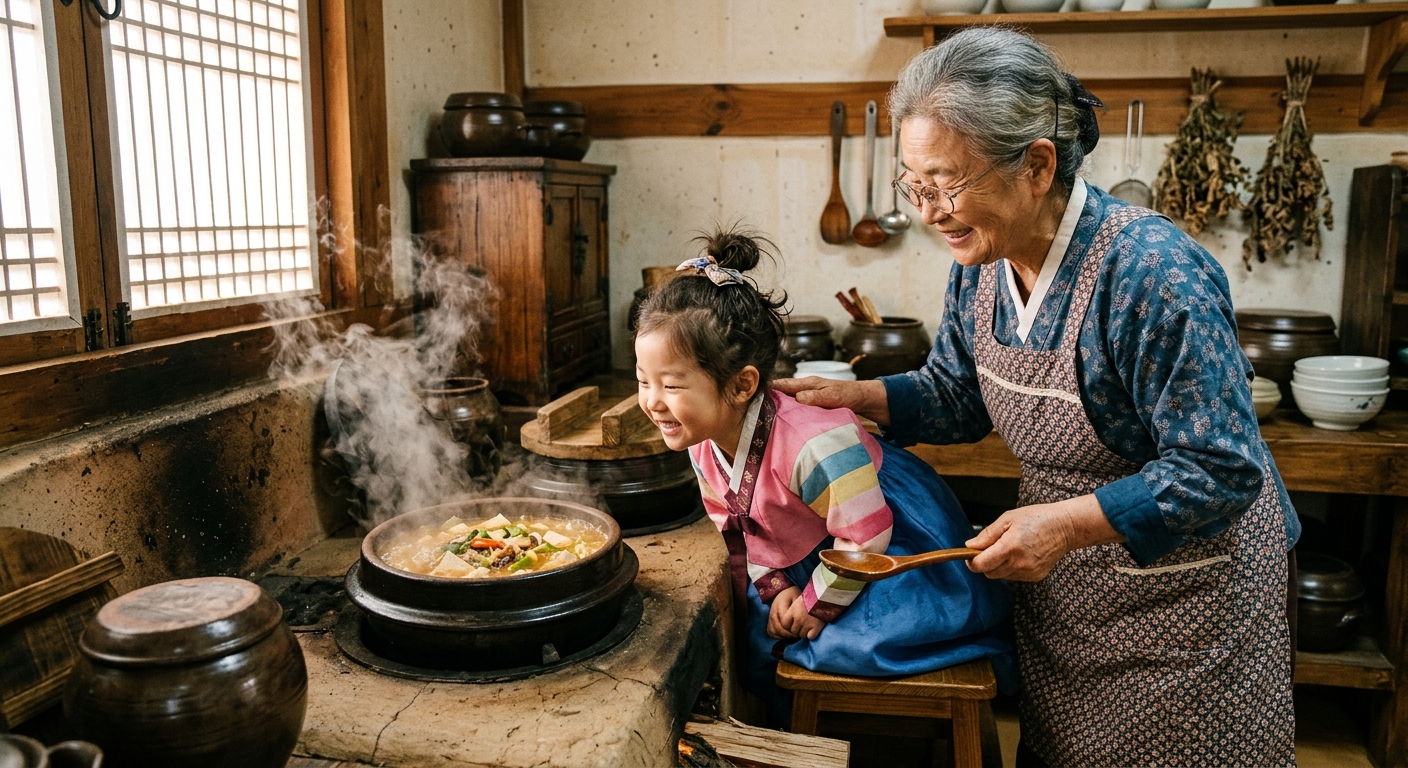 할머니와 된장찌개 냄새를 맡으며 기뻐하는 한국인 아이