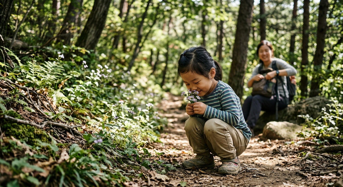 산책길에서 야생화 냄새를 맡는 한국인 아이