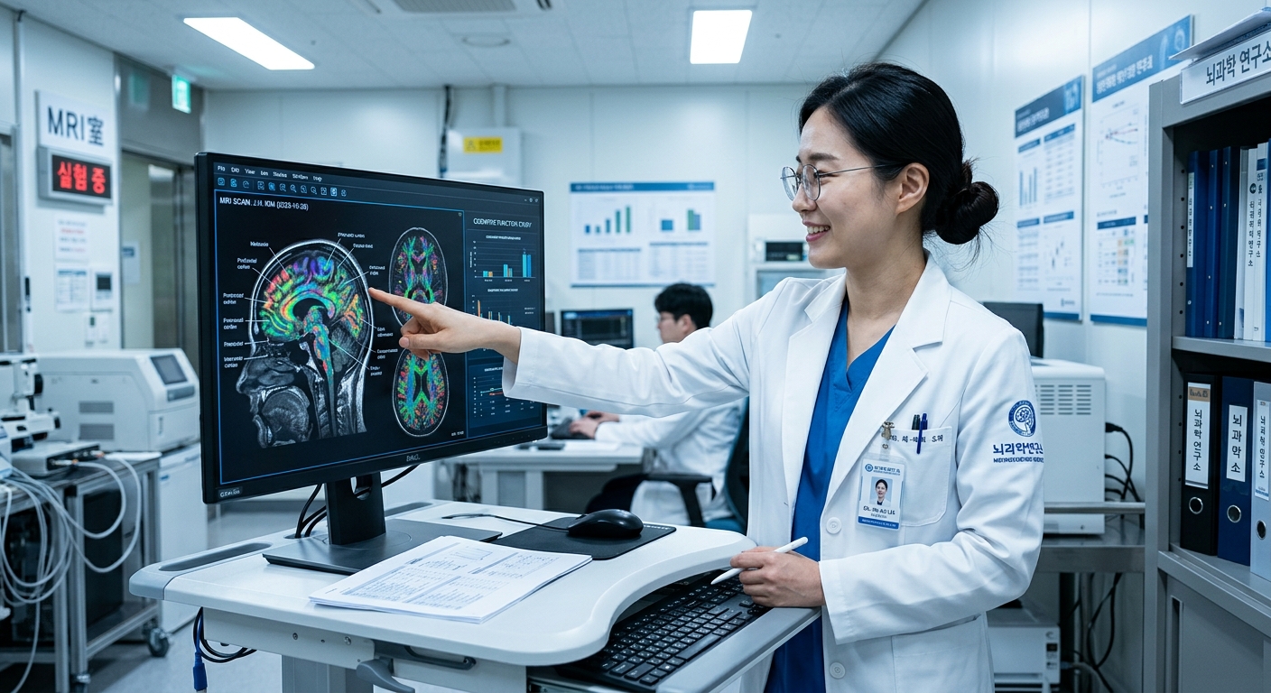 뇌 스캔을 보며 설명하는 한국인 여성 의사