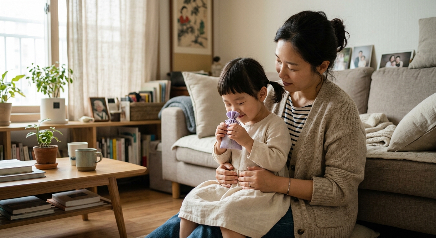 아이와 함께 향기 주머니를 맡는 한국인 엄마