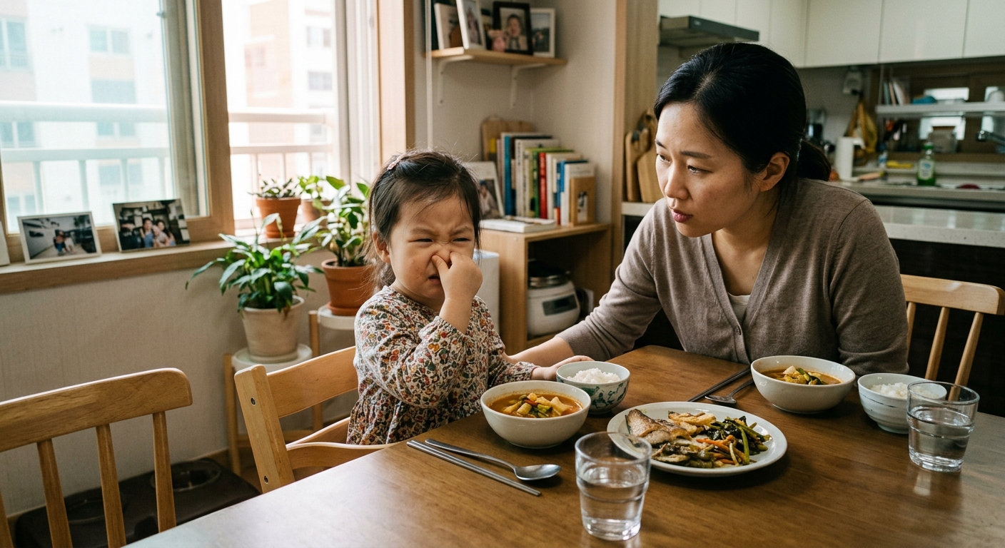 음식 냄새에 얼굴을 돌리는 한국인 아이와 걱정하는 엄마