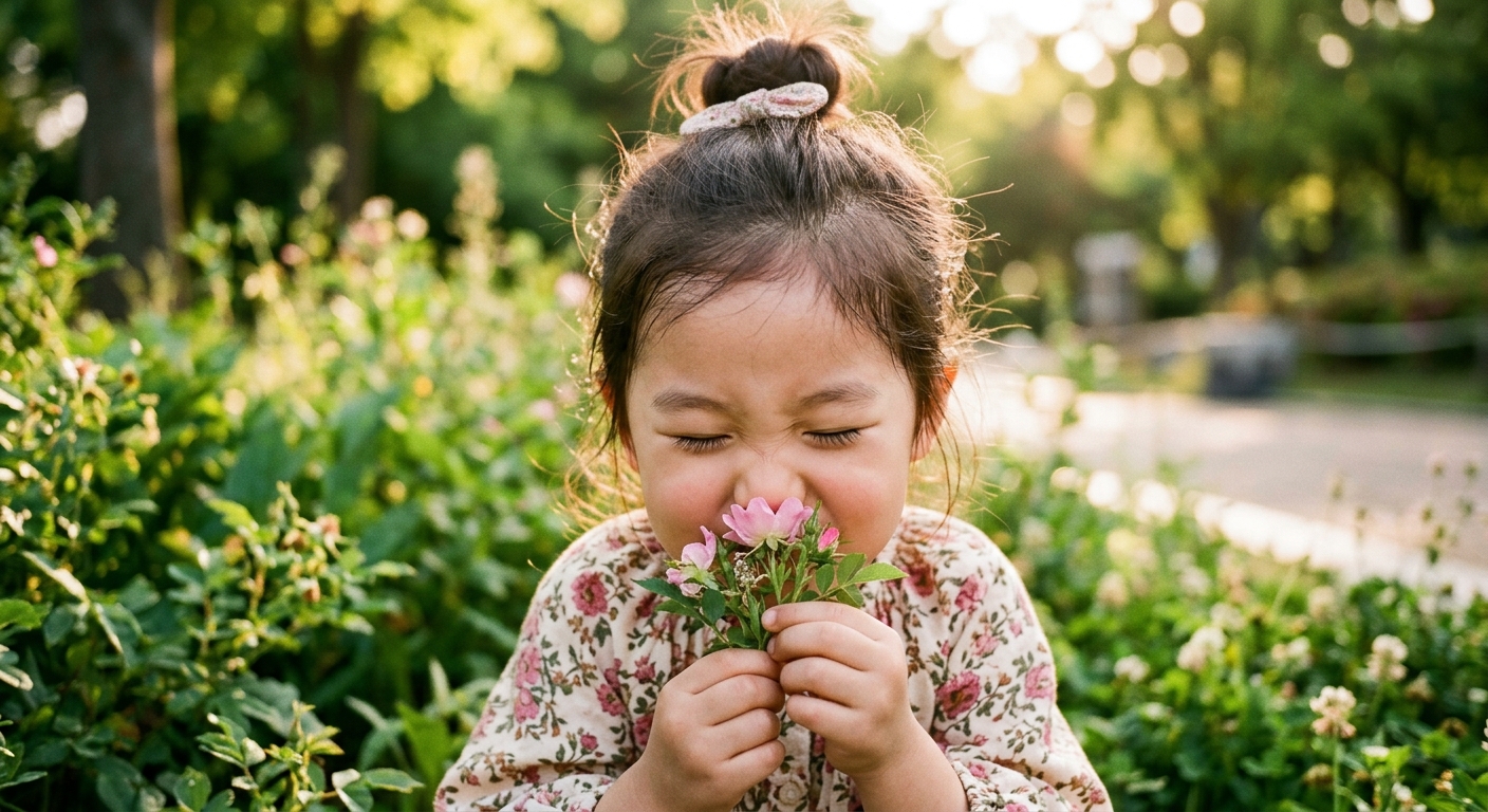 꽃 냄새를 맡으며 집중하는 한국인 아이