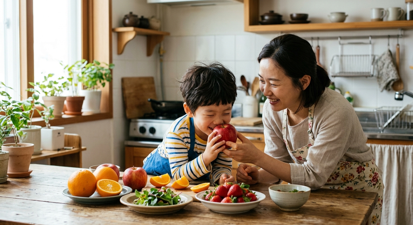과일 냄새 맡기 놀이를 하는 한국인 아이와 엄마