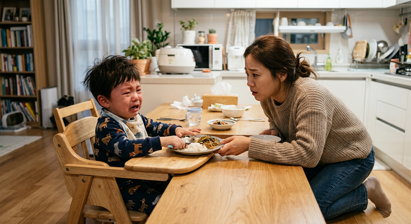 음식을 밀어내며 우는 한국인 아이