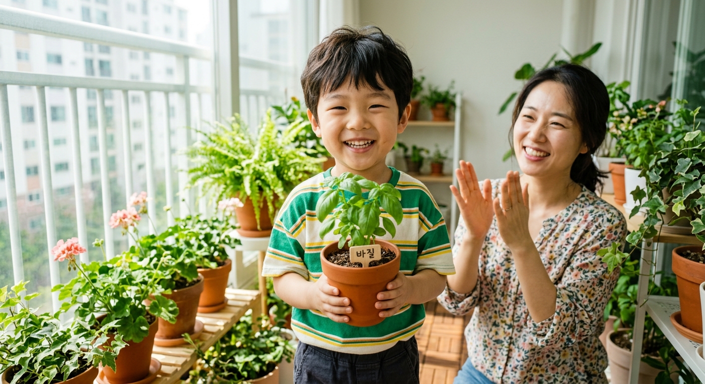 허브 화분을 들고 환하게 웃는 한국인 아이