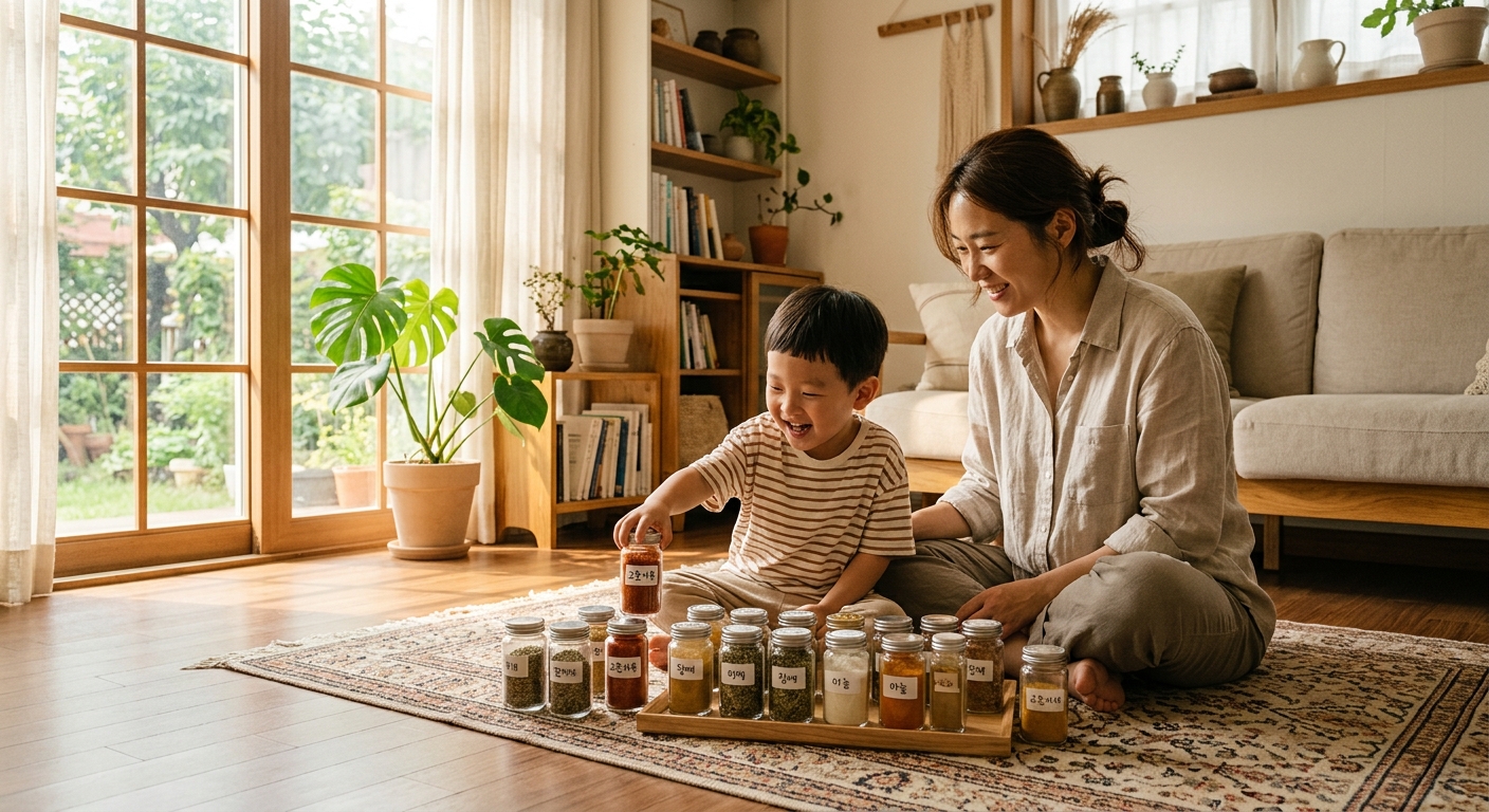 향기 재료를 앞에 놓고 후각 놀이하는 한국인 엄마와 아이