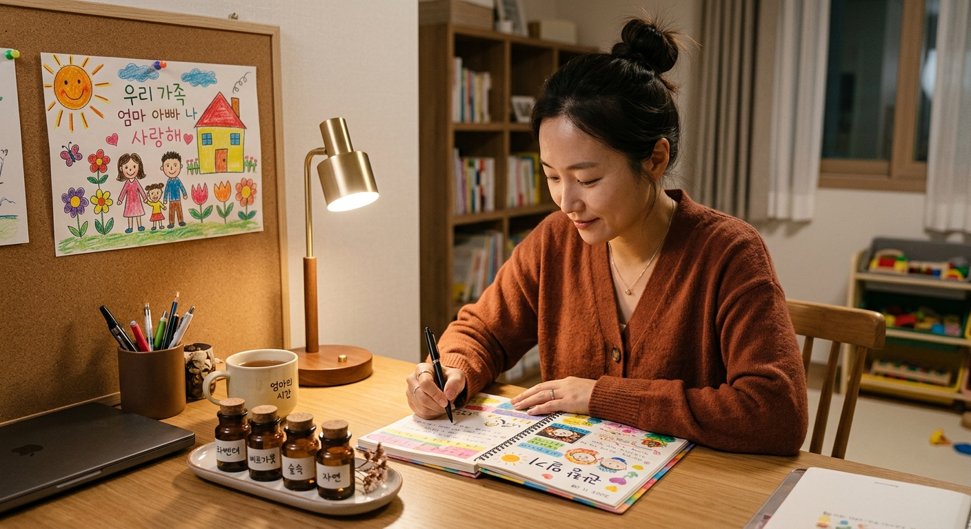 향기 관찰 기록을 작성하는 한국인 엄마