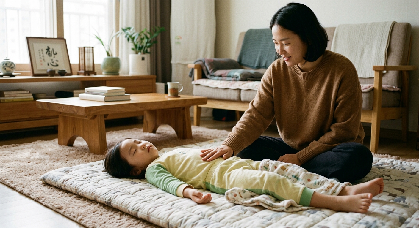 엄마와 함께 코로 천천히 숨쉬는 한국인 아이