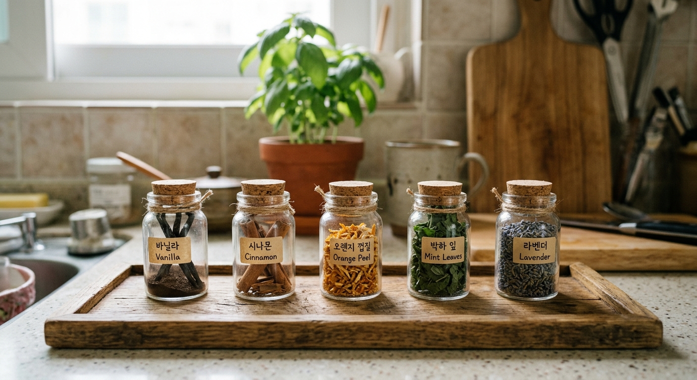 바닐라 시나몬 오렌지 민트 라벤더가 담긴 작은 유리병