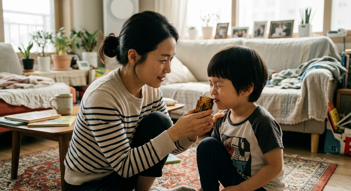 엄마가 향기병을 아이 코 가까이 대어주는 모습