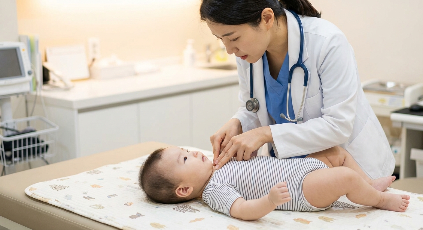 소아과에서 아기 목 상태를 확인하는 모습